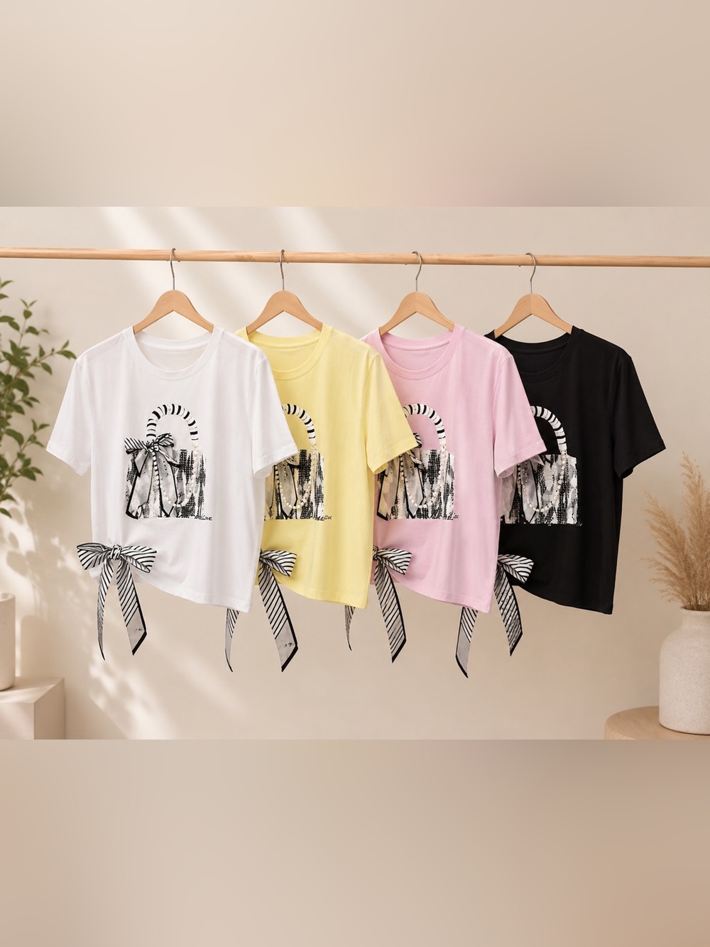 Luxe Bow Detail Graphic Tee – Chic Handbag Print Top